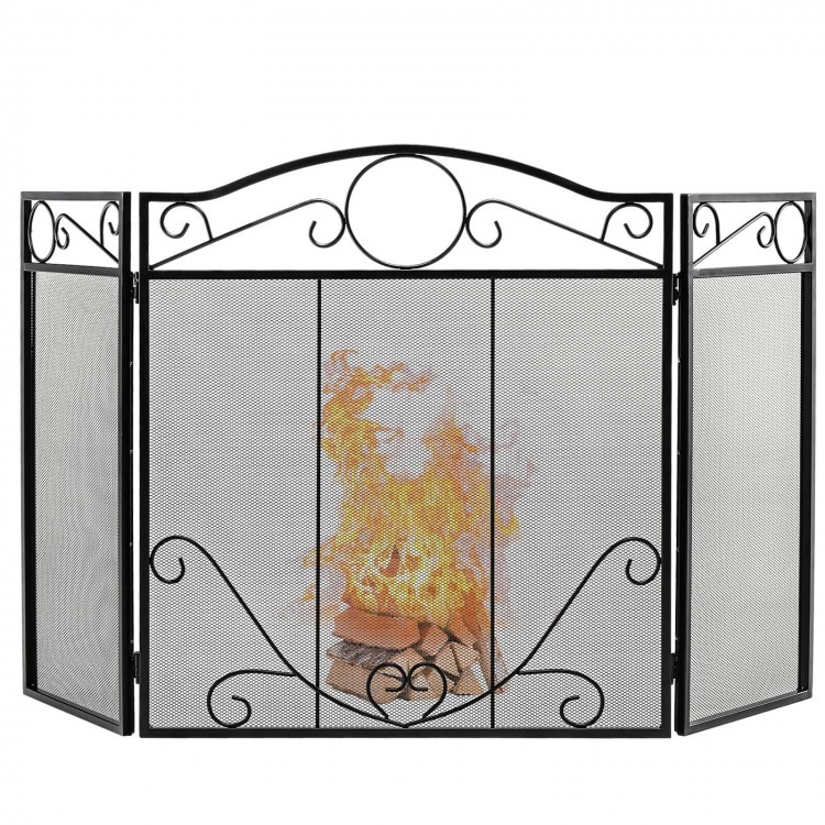 3-panel freestanding fireplace screen with scrollwork design, sturdy steel frame, and dense mesh for safety and charm.